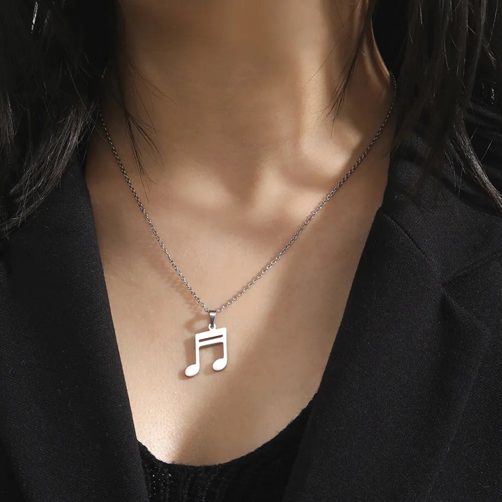 Music Note Necklace Silver Stainless Steel Musician Pendant Guitar Keyboard Bass
