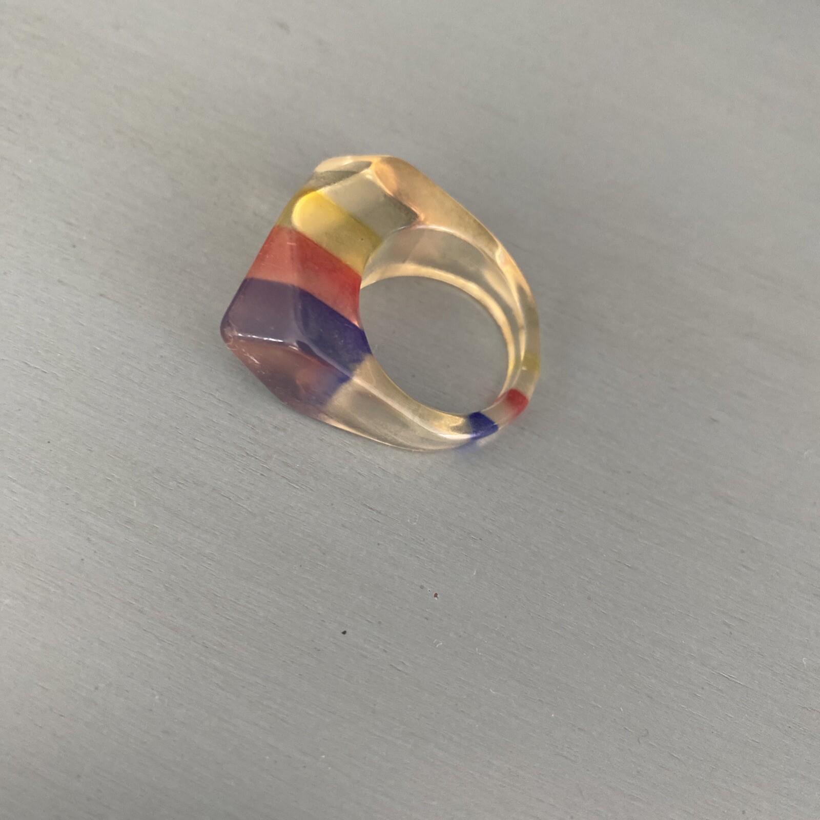 VINTAGE TRANSLUSENT LUCITE Bevel RING RAINBOW STRIPES SIZE 7