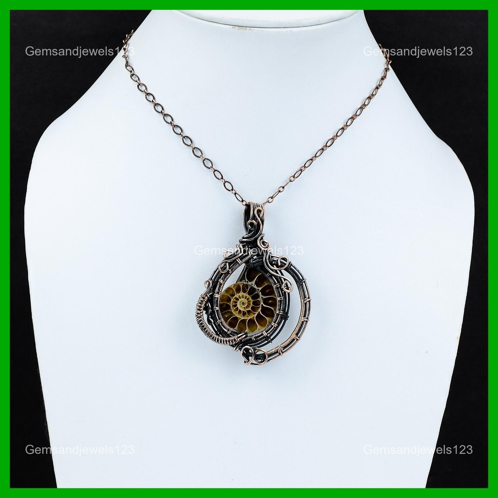 Copper Pear Ammonite Fossil Gemstone Daughter Boho Wire Wrapped Unique Pendant