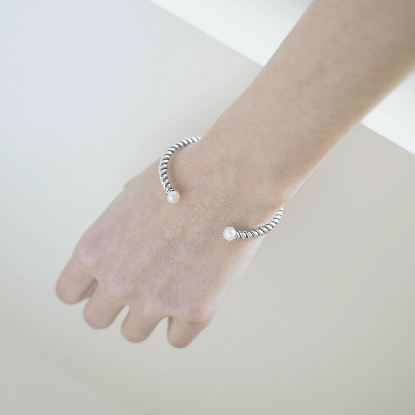925 Silver Oxidised Freshwater Pearl Rope Bangle Twist Bangle 16.5cm