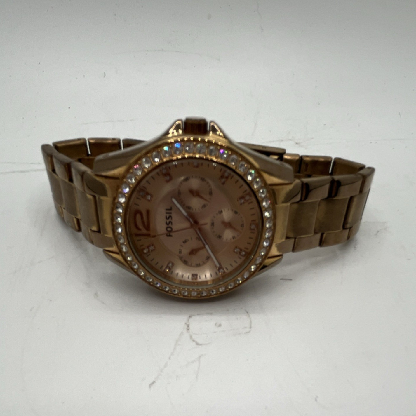 Fossil Riley Women’s Quartz Analog 38mm Gold Dial Crystal Bezel 50m Bracelet