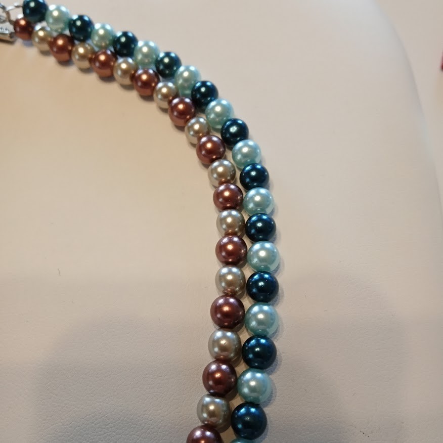 VTG 20″HONARA Double Strand Glass/Shell Pearls Teal Mauve Champagne Heart Toggle