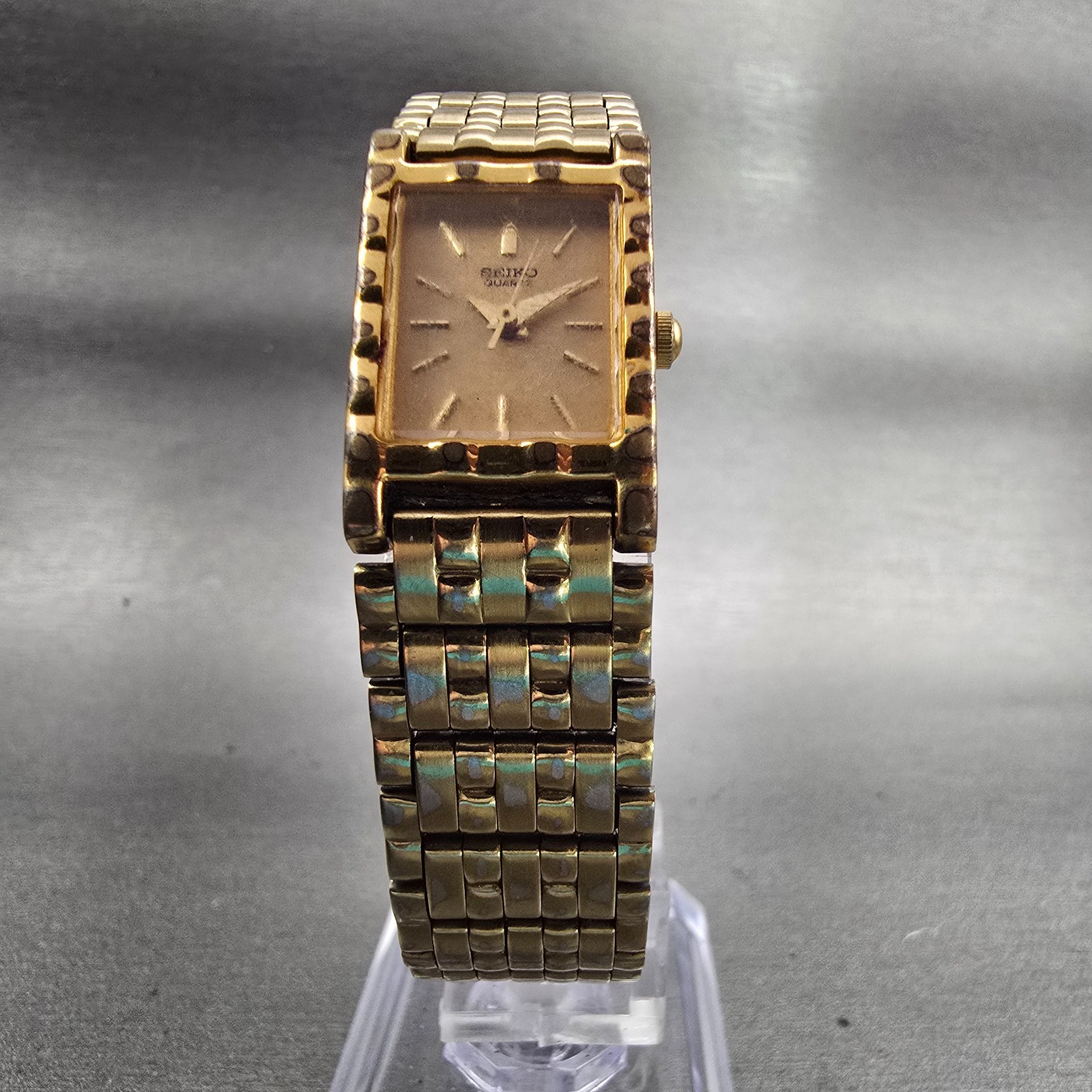 Seiko Watch Women 16mm Gold Dial Gold Tone Rectangle 1N01-5A69 New Battery VTG