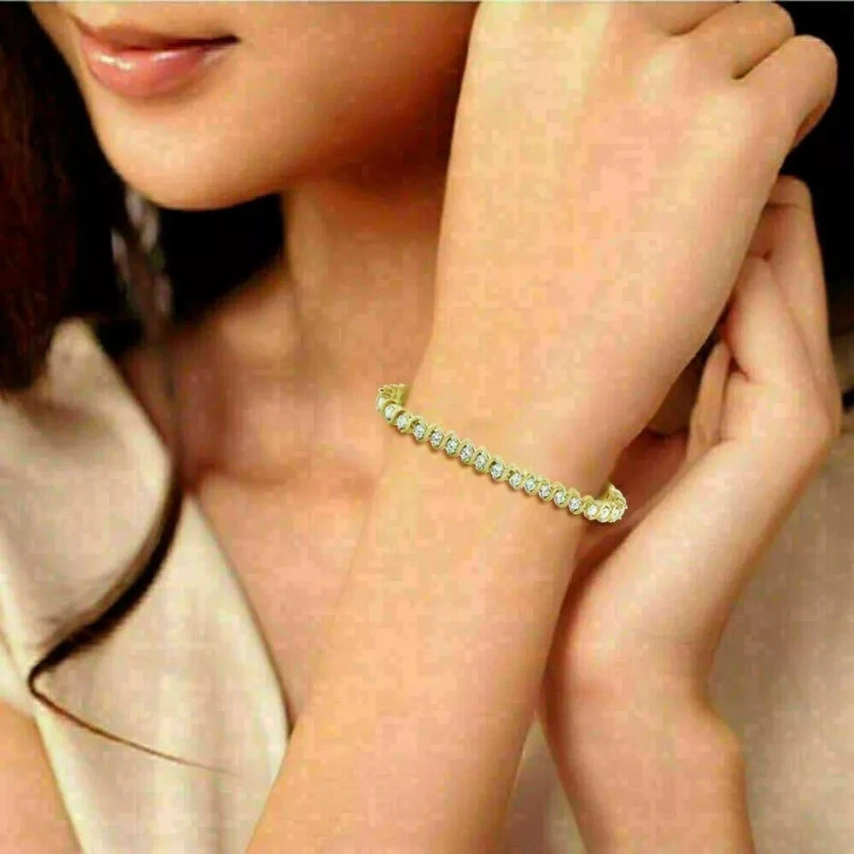 Women’s S Link Tennis Bracelet 7″ 9Ct Round Cut Diamond 14K Yellow Gold Finish