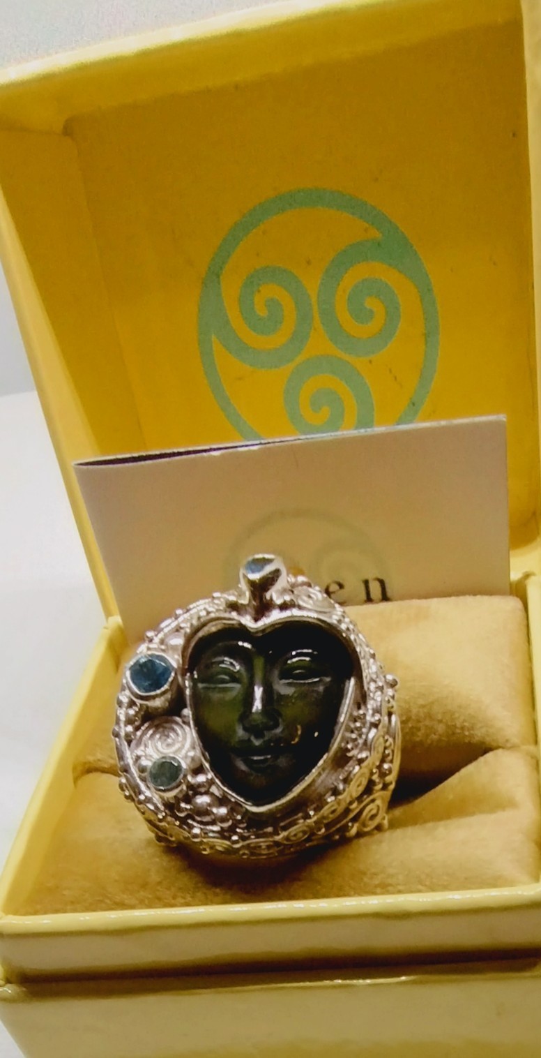 Sajen Rainbow Obsidian Carved Goddess MultiGemstone Sz6 Ring 925 Silver 8.00ctw