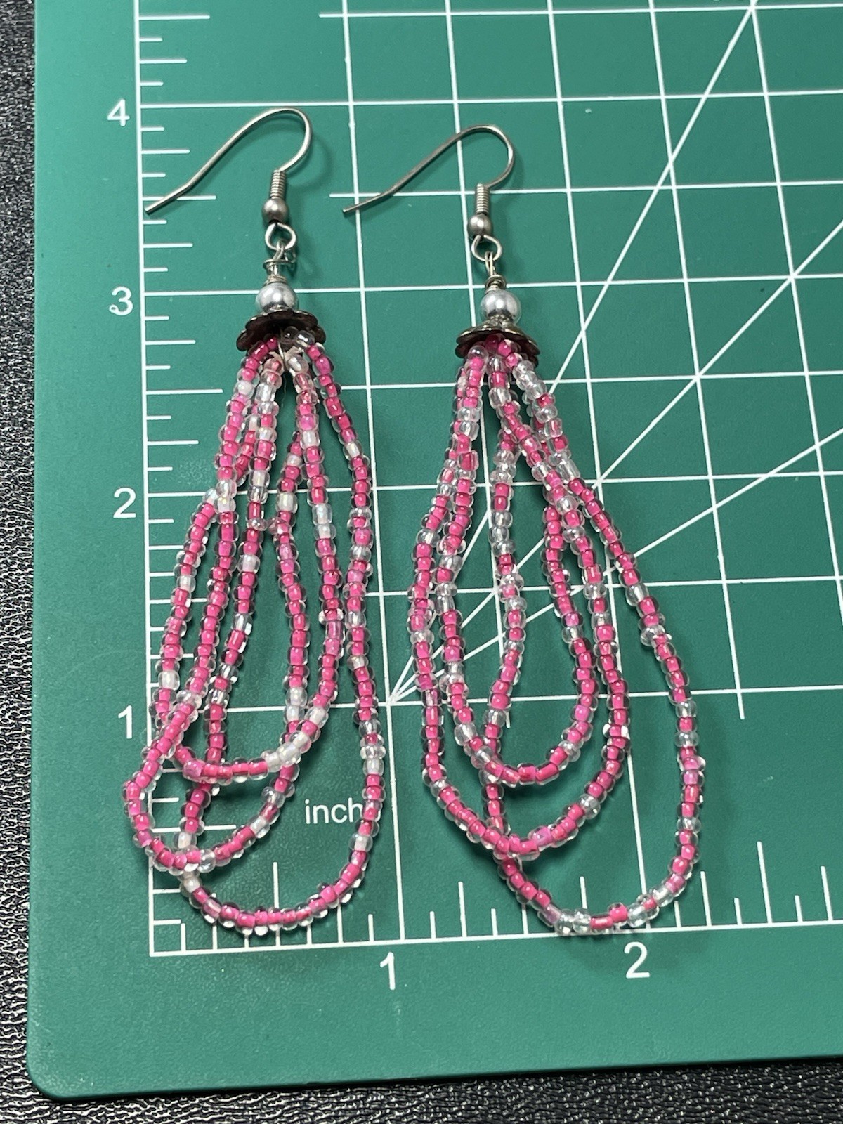 Vintage 3.8” Pink Beaded Silver Tone Dangle Earrings