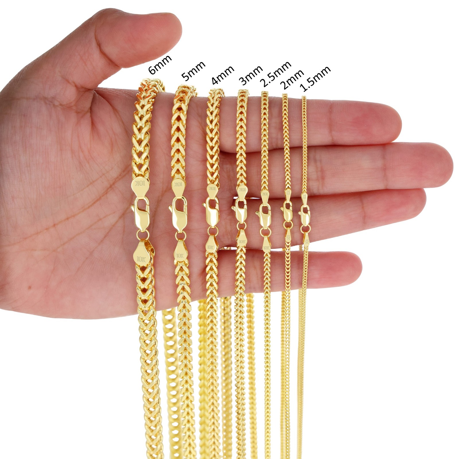 10K Yellow Gold 1.5mm-6mm Square Wheat Box Franco Chain Pendant Necklace 16″-30″