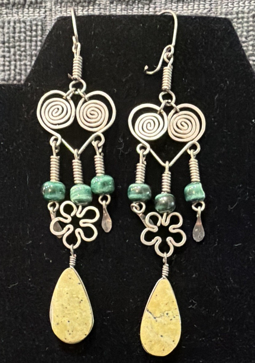 Silver Tone Green Bead Teardrop Dangle Drop Hook Earrings Metal