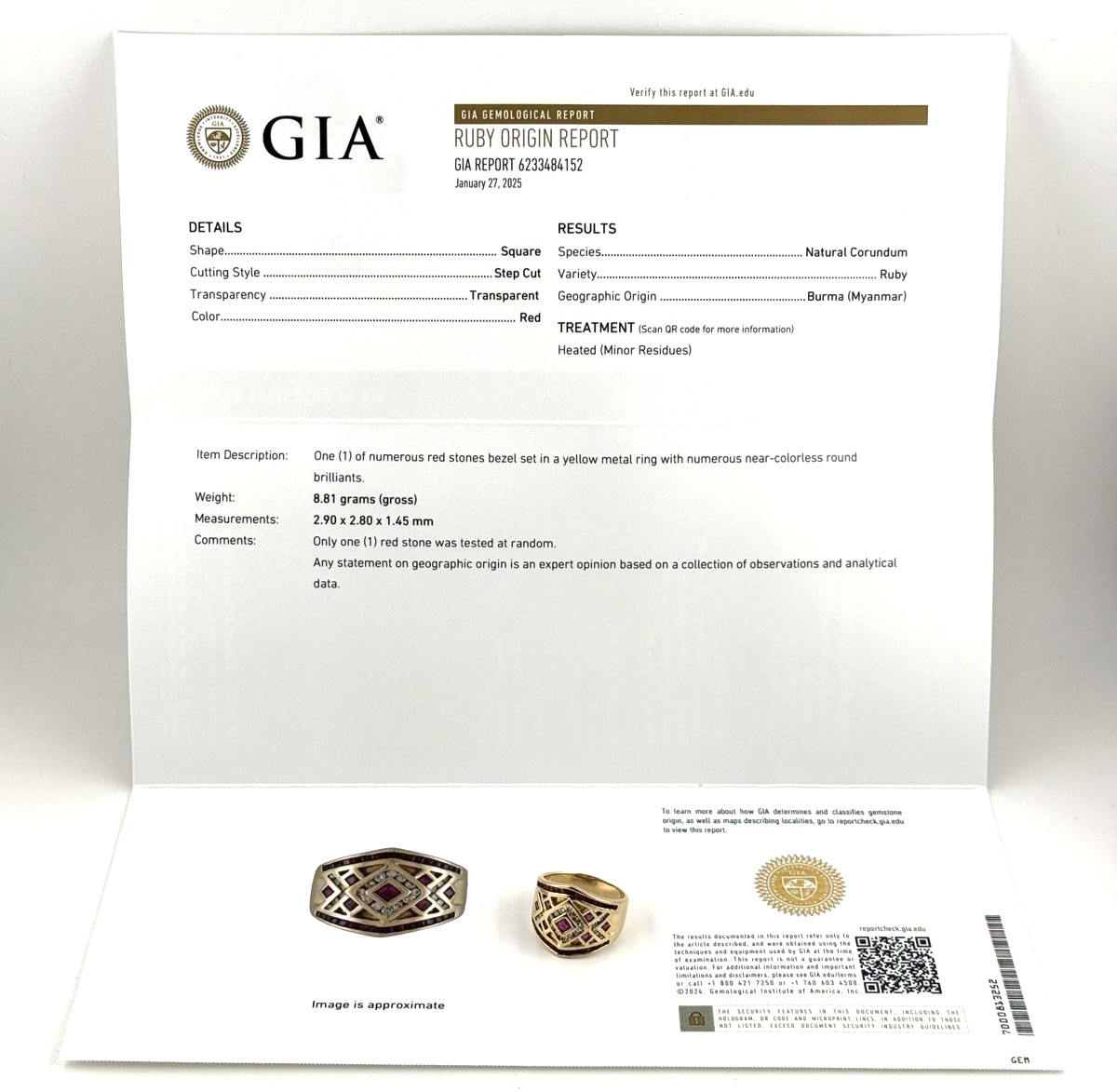 GIA Graded Certified 14K Gold Diamond Natural Burmese Ruby Ring Size 9 8.8 Grams