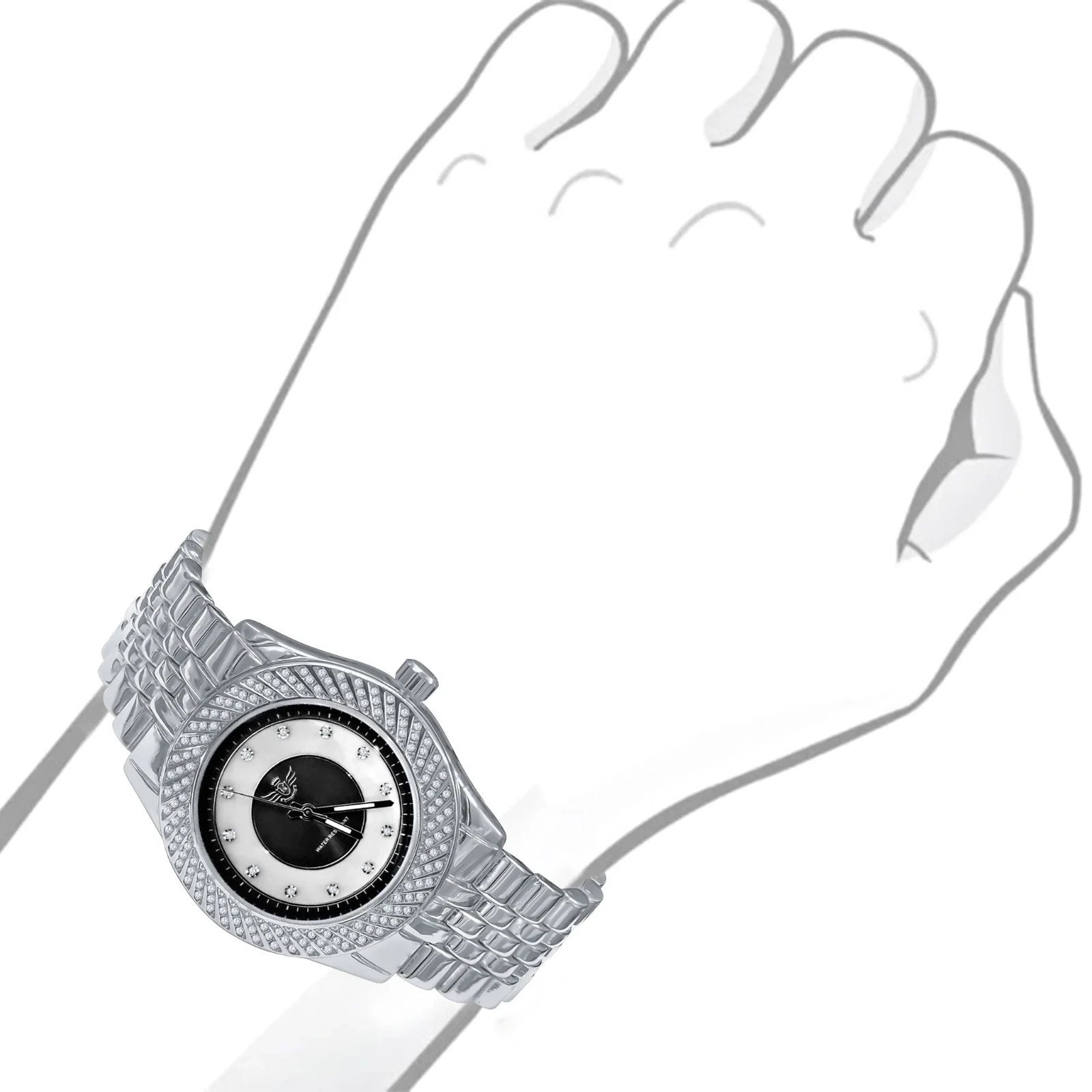 Iced Out Silver Mens Watch Japan Quartz Crystal Bezel Dress Luxury 43mm