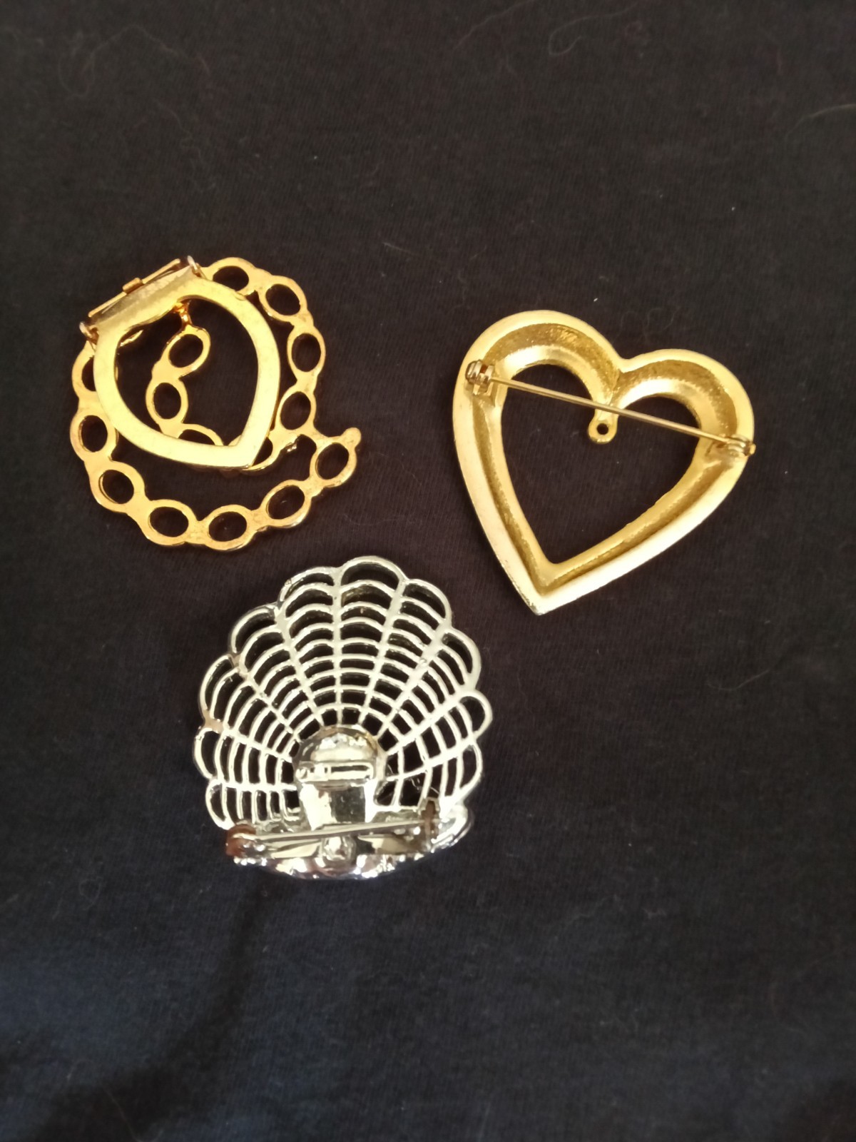 Lot of 3 Metal Pinback Brooch Pins Gold Tone Heart Circle, Silver Tone Shell