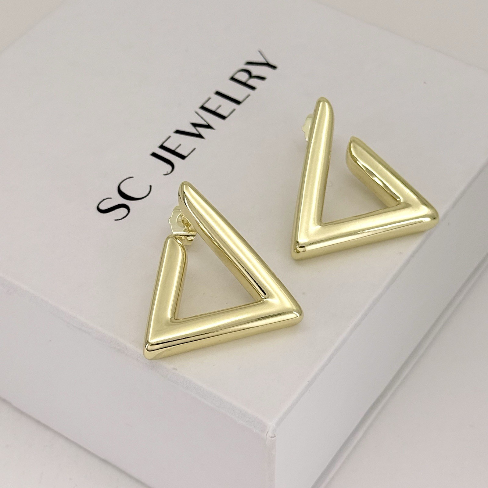 Chunky 14K Gold Plated Triangle Hoop Stud Earrings | Lightweight Modern Jewelry