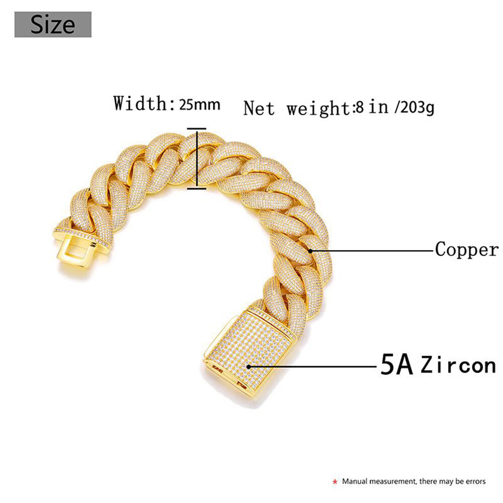 25mm Hip Hop Bubble Cuban Link Chain White CZ Stone 18K Real Gold Plated Jewelry