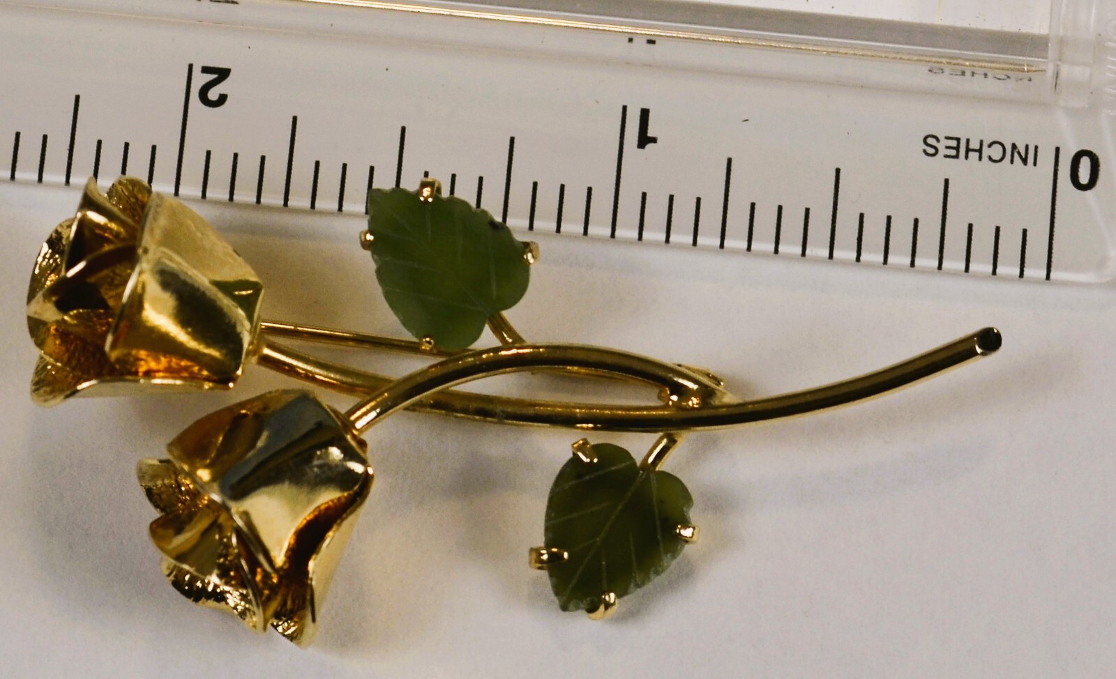 Brooch Pin Two Gold Tone Rose Buds Two Green Leaves Estate