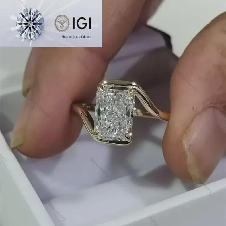 IGI 2 Ct Radiant F-VS1 Lab Grown Diamond Women Engagement Ring 14K Yellow Gold