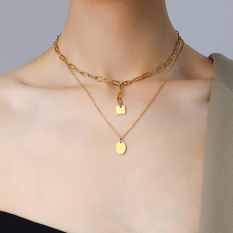 Woman 18K Gold Plated Stainless Steel Link Chain Square Oval Charm Two Layers