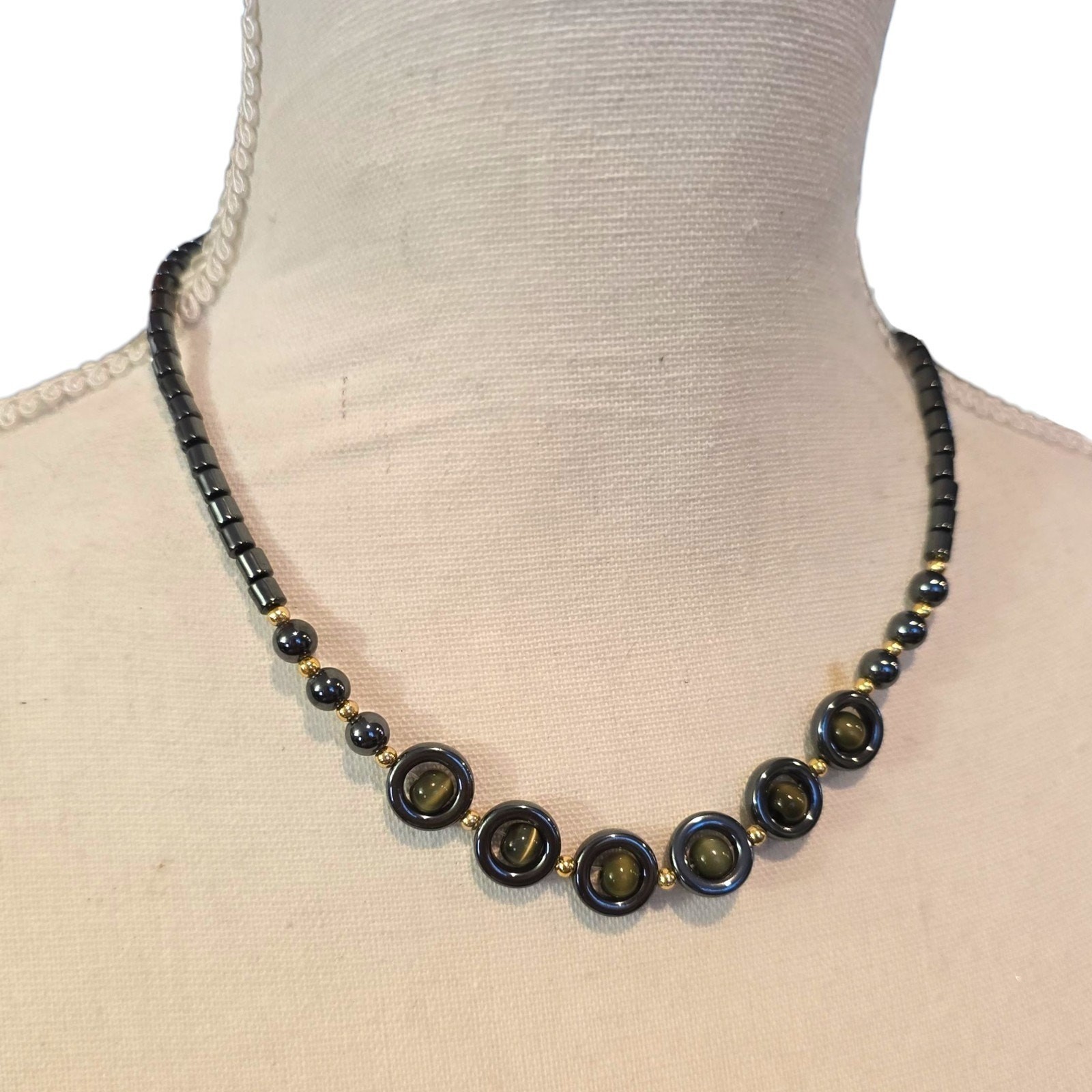 Vintage Necklace Hematite Black Gray Tiger Eye Beads Artisan Style 16″ SKU 2359