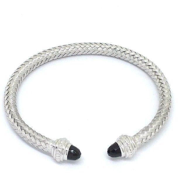 18K white gold plated silver bangle with genuine faceted onyx NWT $660