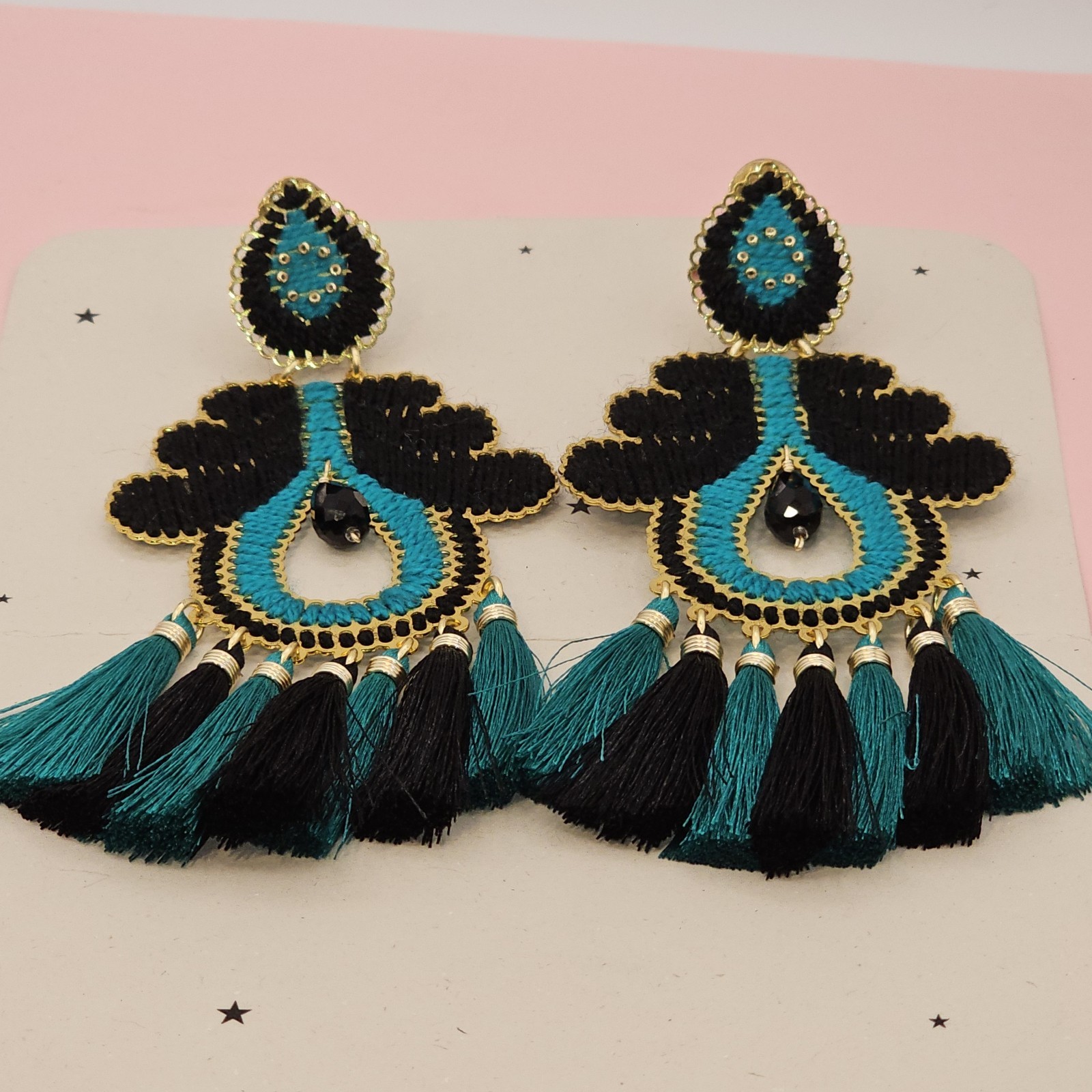 Mercedes Salazar Designer Signed Statement 5″ Vtg Earrings Blue Black Dangle…