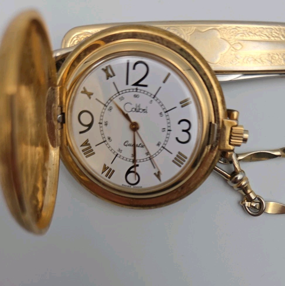 Vintage Colibri Quartz Men’s Gold Pocket Watch and Knife Set – Swiss Made