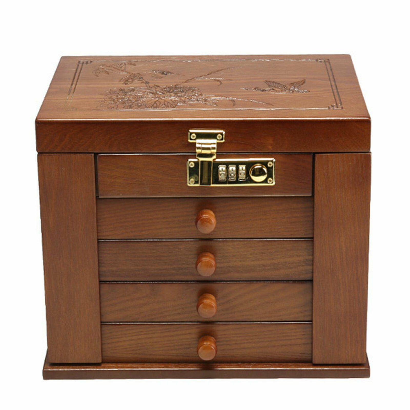 5 Layers Vintage Large Jewelry Organizer Wooden Storage Box Case with 4 Drawers