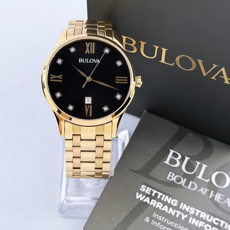 Bulova Men’s Classic 97D108 Diamond Black Dial Gold Bracelet Quartz Watch 40mm