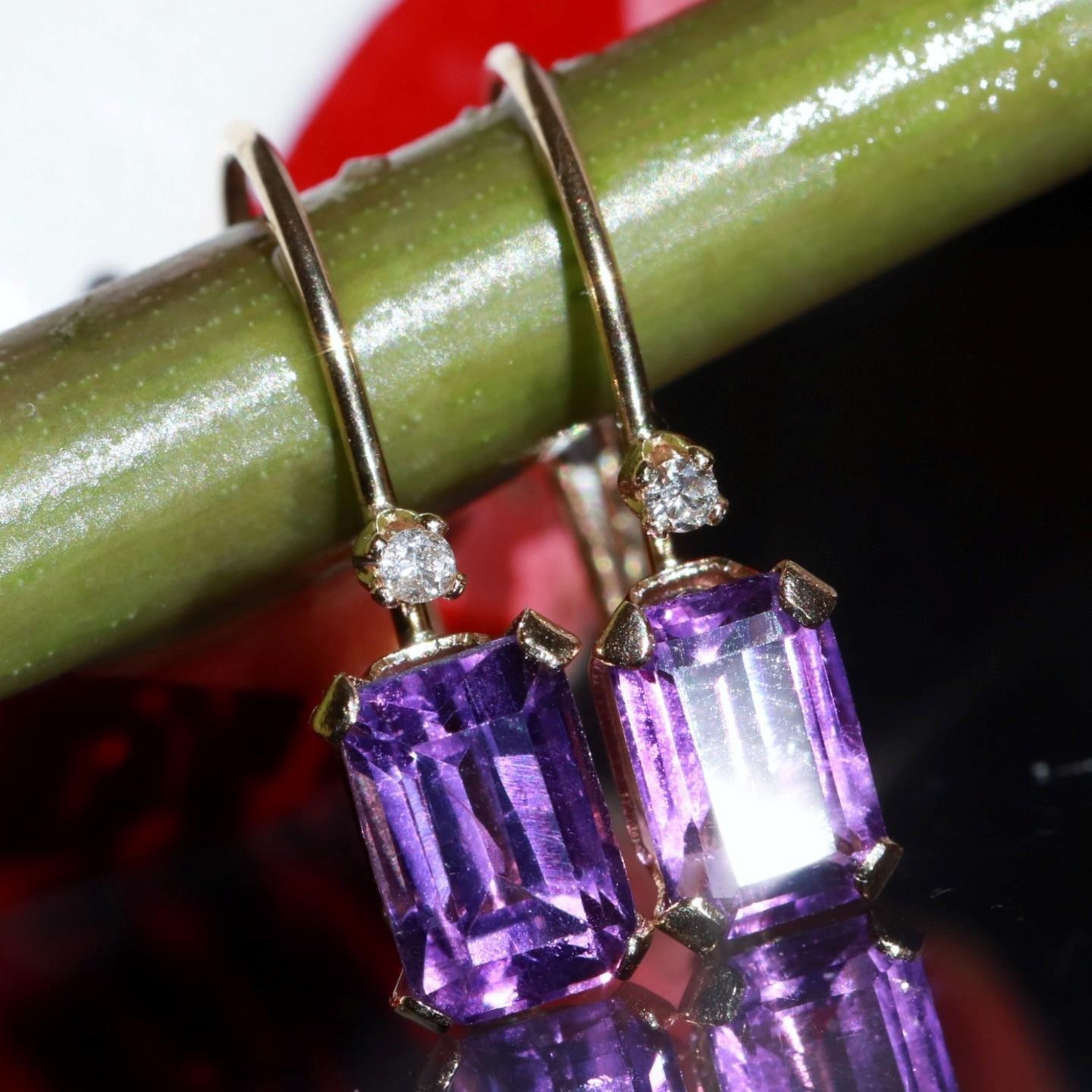 14k yellow gold earrings 0.82ct amethyst diamond 0.61″ dangle 0.91gr N3685
