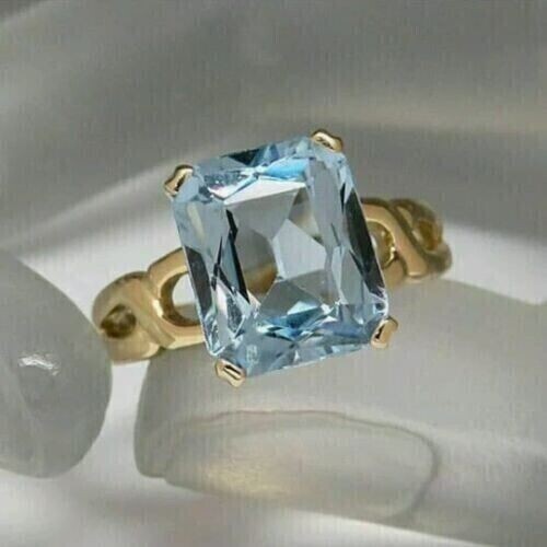 3CT Emerald Cut Lab-Created Aquamarine Engagement Ring 14K Yellow Gold Plated