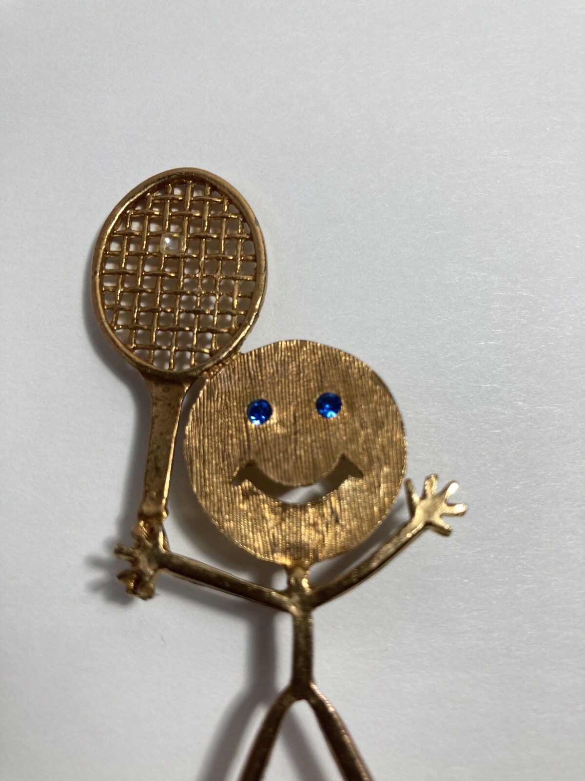 Tennis Racket Player Pin Brooch Anthropomorphic Blue Rhinestone Eyes