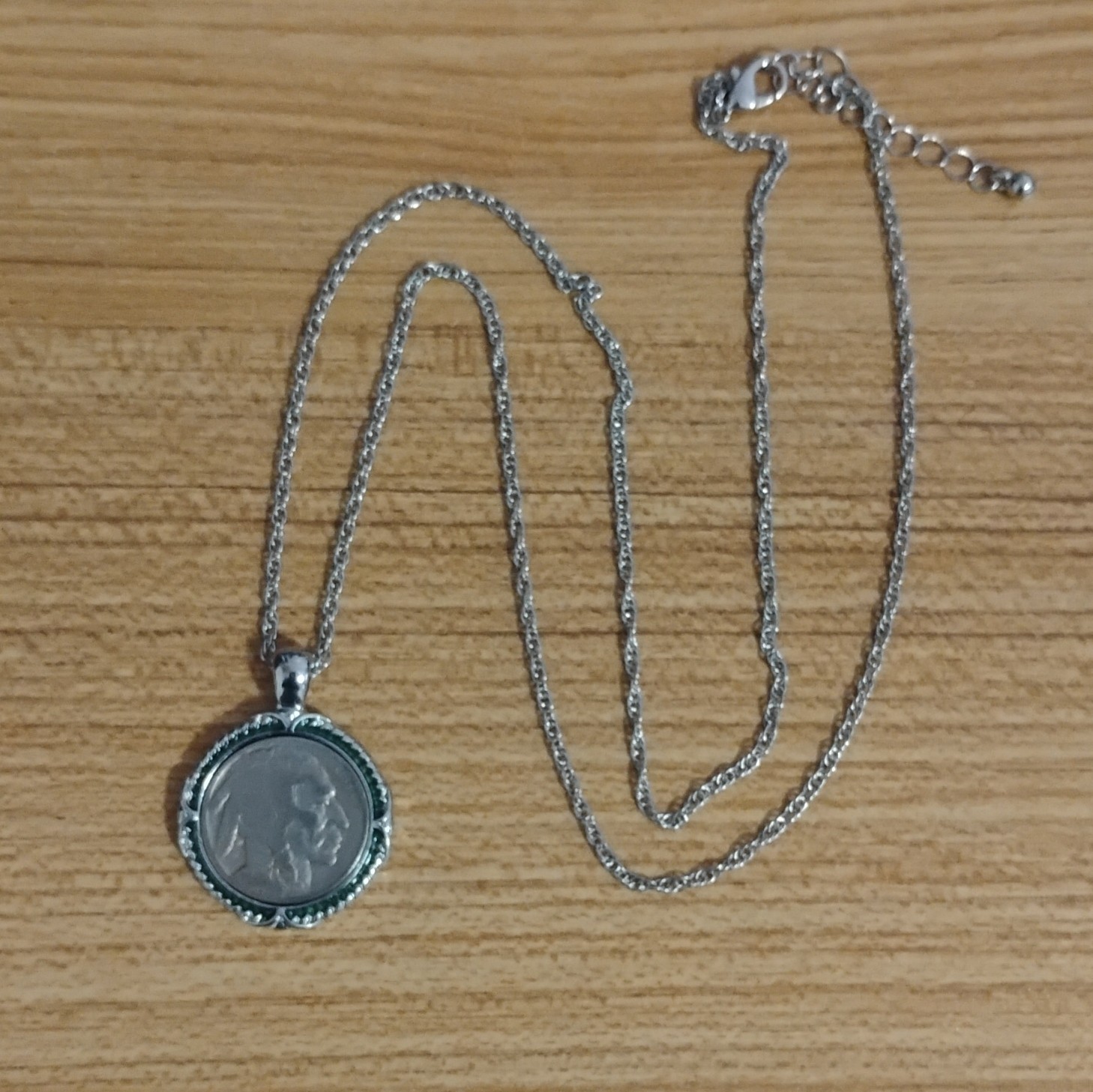 Silver Metal Coin Pendant Buffalo nickel head Necklace 24in Rope Chain Clasp