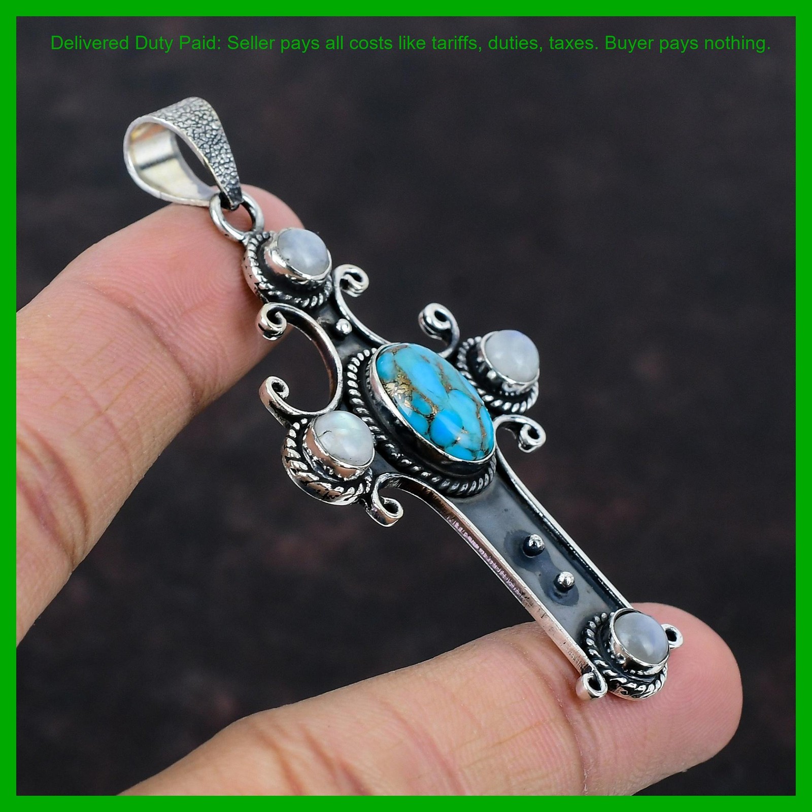 Oval Copper Blue Turquoise Gemstone 925 Sterling Silver Wedding Pendant Jewelry