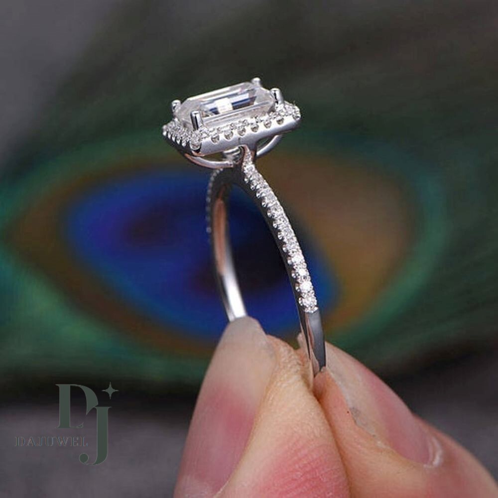 Moissanite Halo Engagement Ring Solid 14K White Gold 2.50 Carat Emerald Cut VVS1