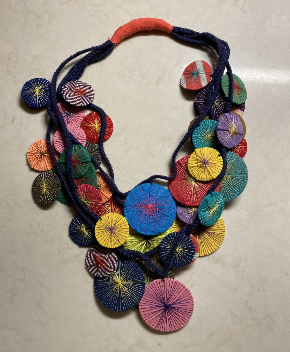 Bohemian Threadburst String/Disc Art Textile Multi-Layer Necklace 14″