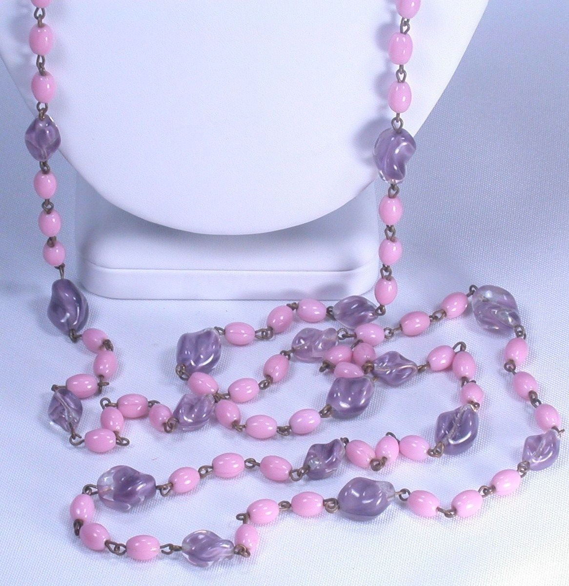 Art Deco Pink Purple Glass Sautoir Flapper Necklace