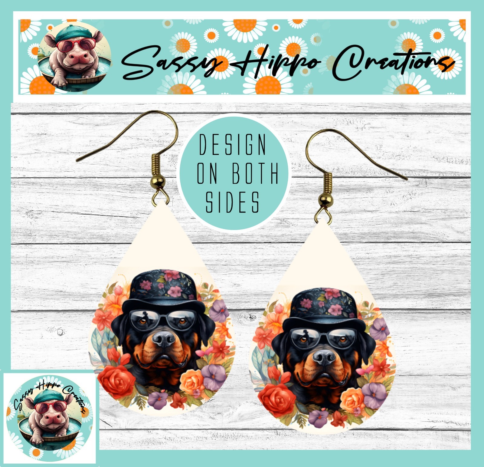 Earrings Teardrop Gold Hook Backs Rottweiler Dog Puppy Hat Anthropomorphic MDF