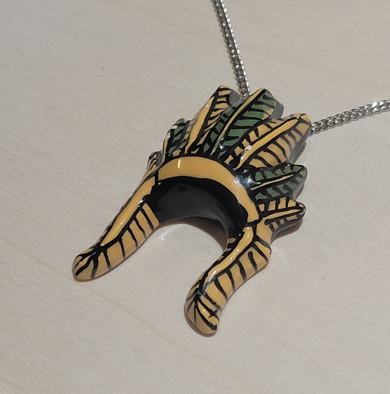 Native American Indian Chief Ceramic War Bonnet Headdress Pendant 26in Necklace