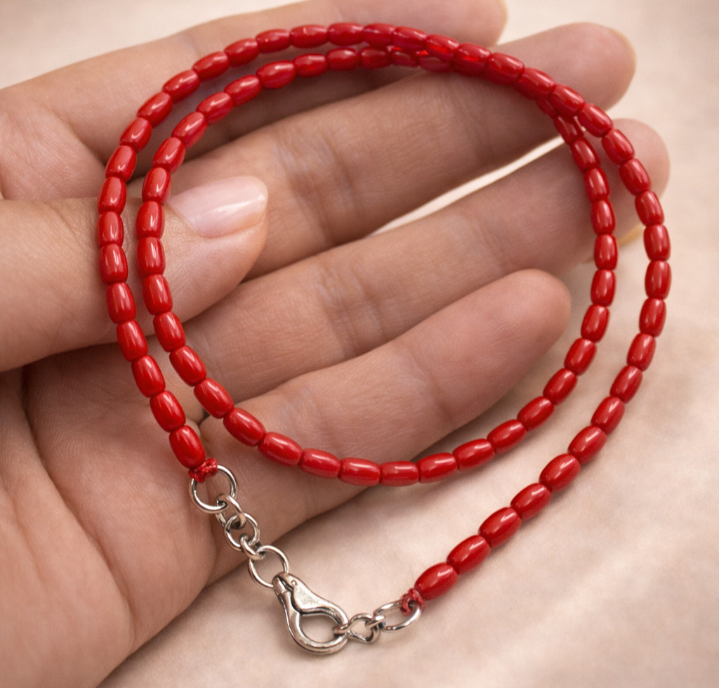 Natural Red Coral Necklace 3x5mm Rice Shape Single Strand Smooth Coral Beads