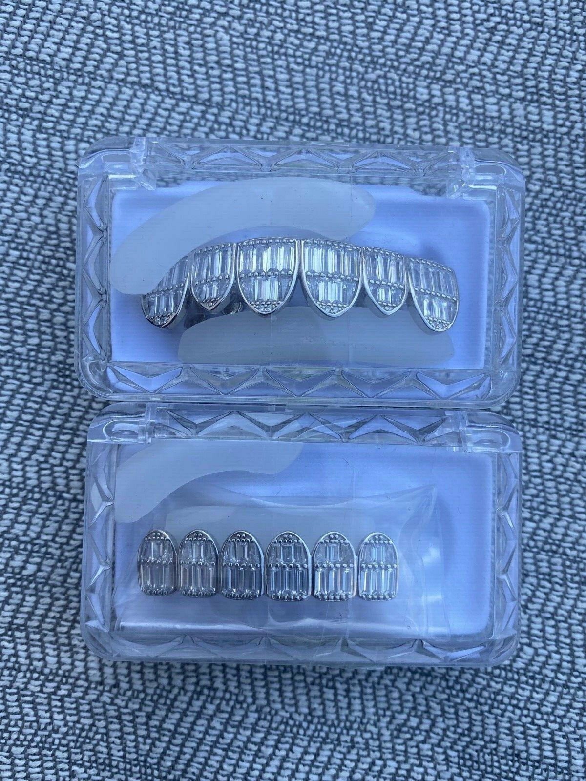 Real Solid Hip Hop 925 Sterling Silver Grillz Baguette Diamond Iced Grills Set