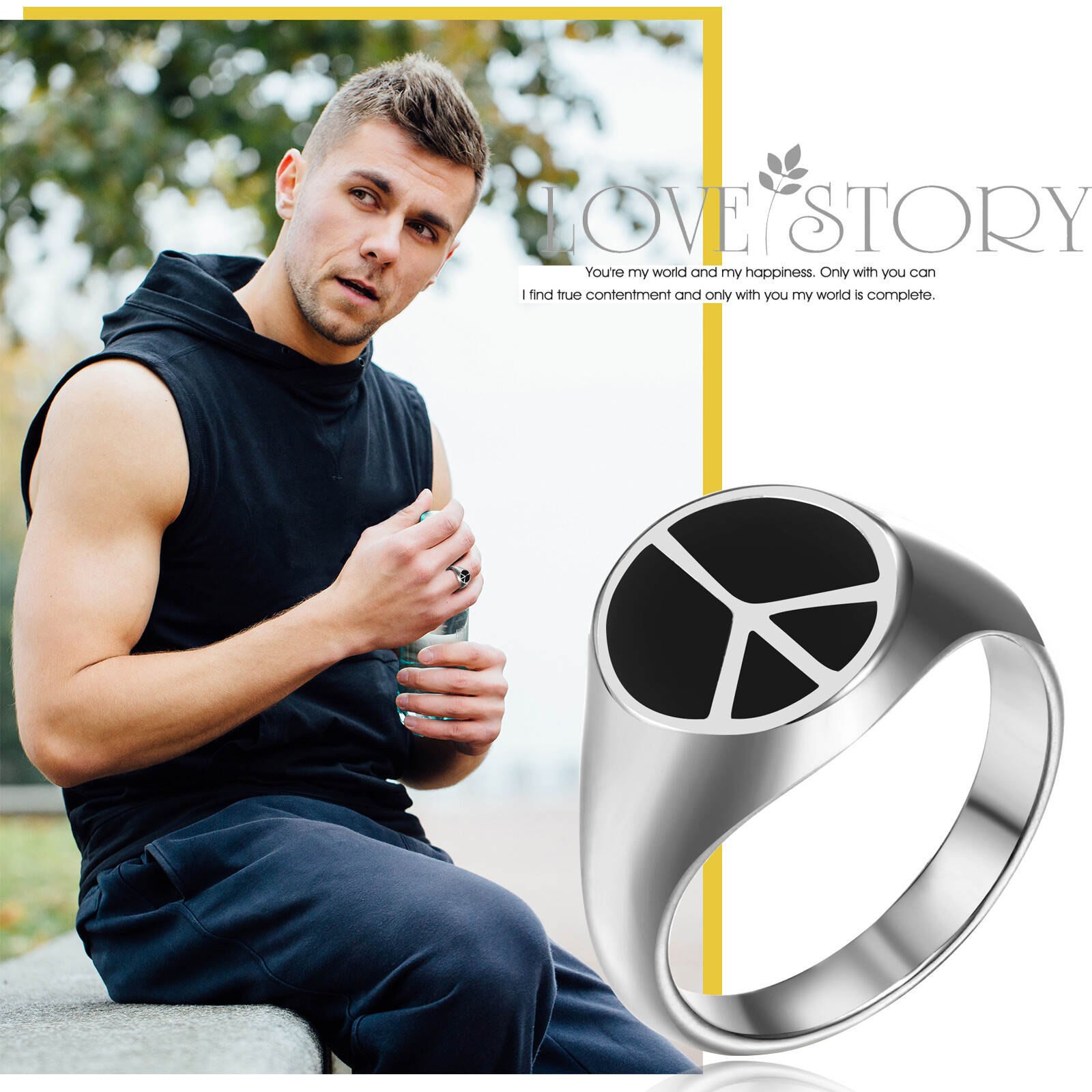 Men Gold Plated Stainless Steel Signet Ring Peace Sign Symbol No War Hippie Band