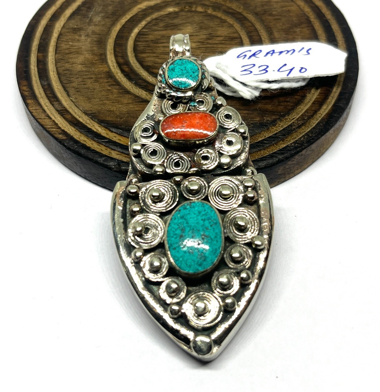 Ethnic Turquoise Coral Gemstone Tibetan Traditional Pendant Jewelry, 2.5 inc