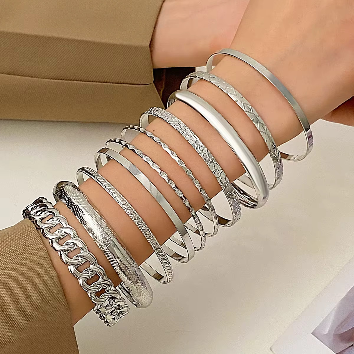 10 Bohemian Bracelet Set Gold Silver Color Stackable Bangles Retro Link Jewelry