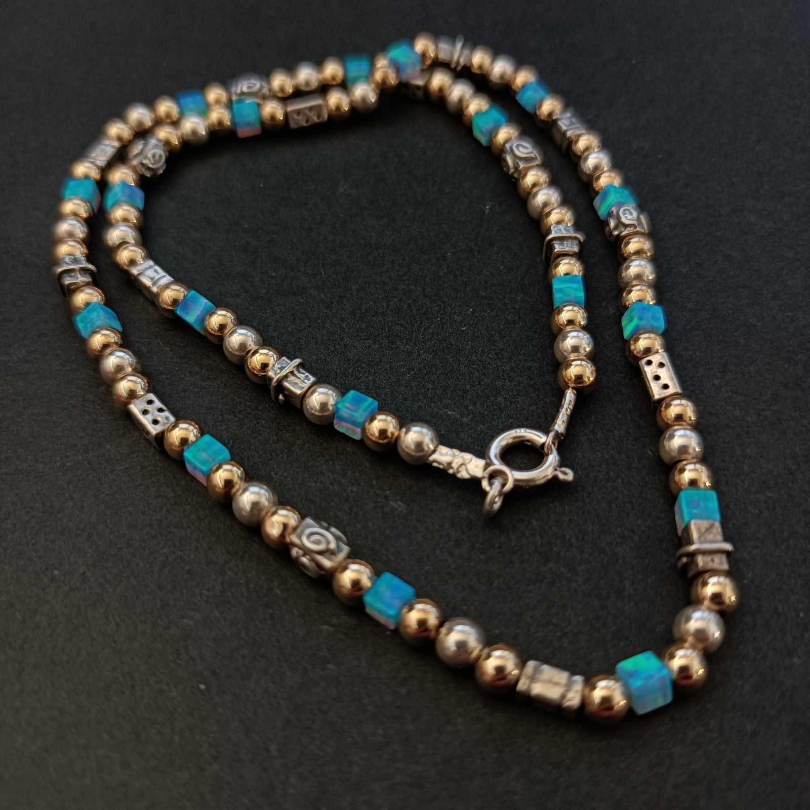 Israeli Modernist Necklace Sterling Silver Gold Filled Artisan Chic Blue Stone