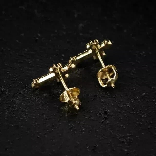 1 CT Round Cut Simulated Diamond Men Cross Stud Earrings 14k Yellow Gold Plated