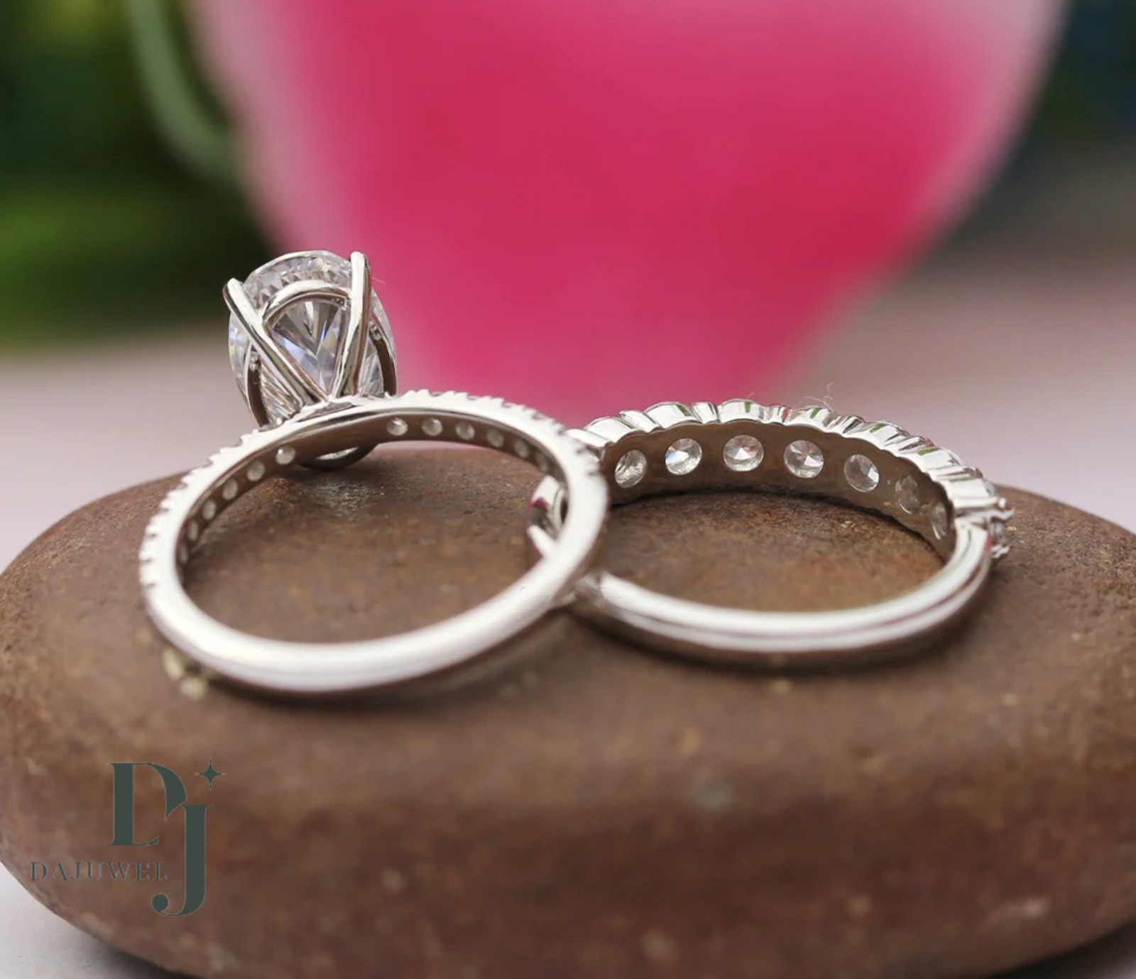 Moissanite Bridal Set Engagement Ring Solid 14K White Gold 3 Carat Oval Cut VVS1