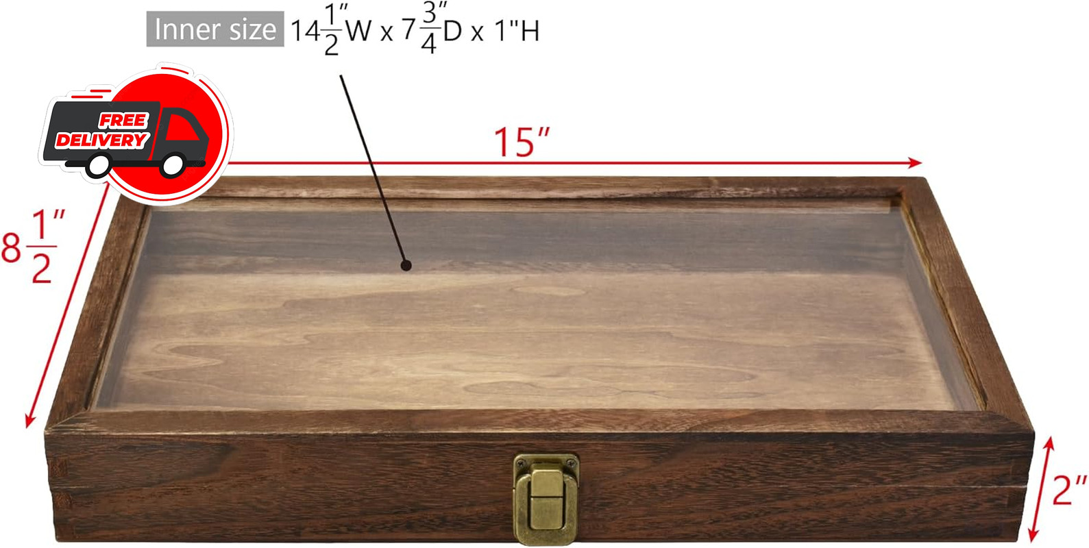Wooden Jewelry display case with Tempered Glass Top Lid, Brown ,15×8.5×2 Inches