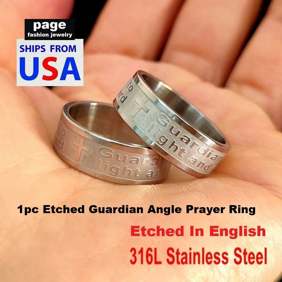 1pc Etched Guardian Angle Prayer Stainless Steel Jesus Religion Ring Size 6-12