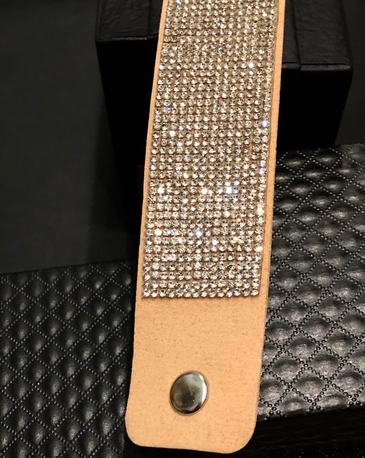 Swarovski Elements Crystal Wrap Bracelet Tan Alcantara Leather Wide Bling Cuff