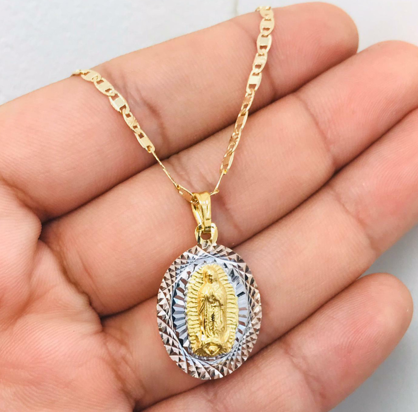 14K Gold Filled Virgen de Guadalupe Diamond Cut Necklace Cadena Oro Laminado