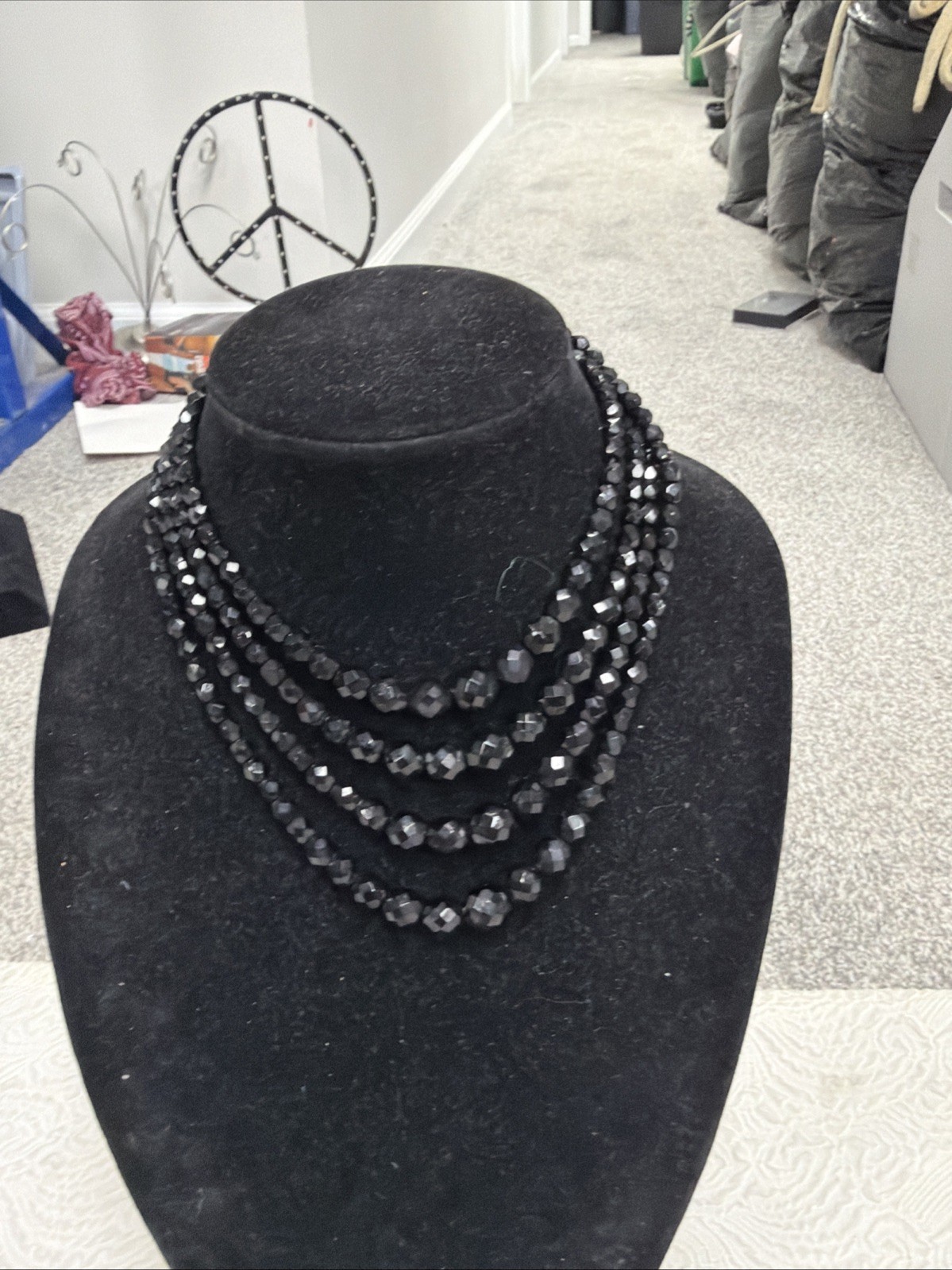 Vintage Laguna 4-Layers Czech Black Glass Faceted Beads Waterfall Necklace