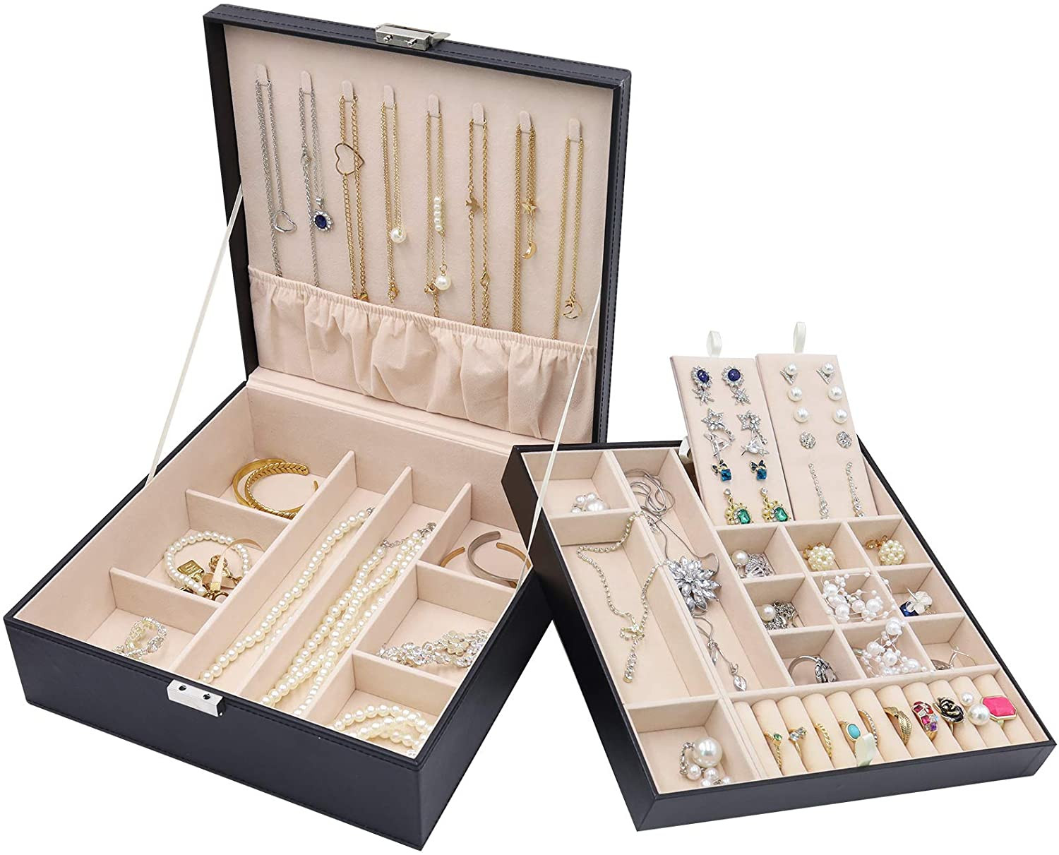 Jewelry Box for Women, 2 Layers Large Leather Jewelry Organizer Storage Case wit